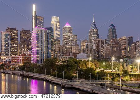 Philadelphia Downtown Skyline At Night With The Schuylkill River. Beautiful Sunset Light. Schuylkill