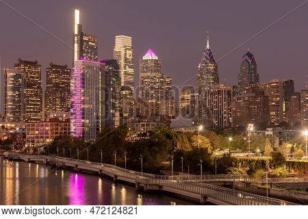 Philadelphia Downtown Skyline At Night With The Schuylkill River. Beautiful Sunset Light. Schuylkill