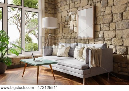 Cozy Living Room Interior In Room Corner; Sunlight Shining Trough Window; Floorlamp And Couch Table 