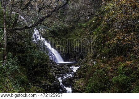 Pistyll Y Cain Waterfall In Coed Y Brenin Forest Park In Autumn, Fall, Landscape.