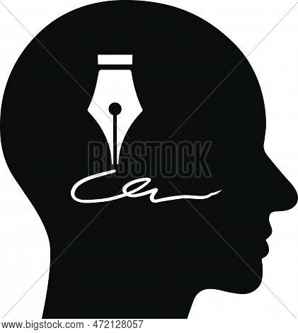 The flat icon of a writing pen in the human head as a concept of memory and remembering