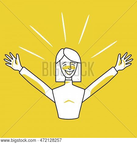 Happy Woman, Emotion Of Happiness, Orange And White. Joyful Maiden Half Body Vector Drawing, Good Sp