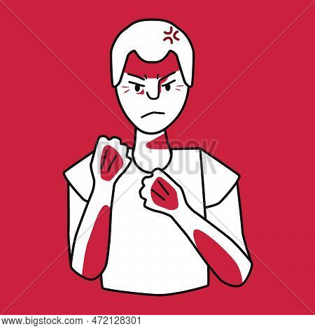 Angry Young Boy, Red And White. Annoyed, Fierce And Savage Teenager, Negative Evil Mood Male Kid, Th