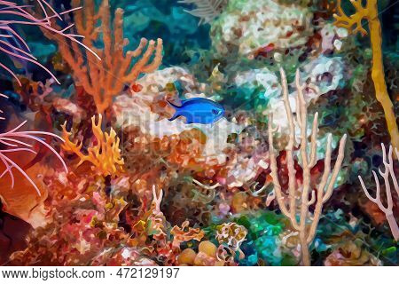 Digitally Created Watercolor Painting Of Blue Chromis Damelfish Chromis Cyanea Swimming Over The Cor