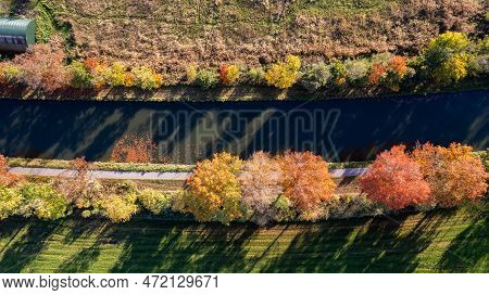 Fall Colors Around The Canal Dessel Schoten Aerial Photo In Rijkevorsel, Kempen, Belgium, Showing Th