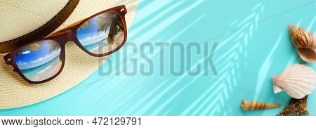Concept Vacation And Summer Travel Banner. Happy Holidays On Sandy Tropical Sea Beach. Panama Hat An