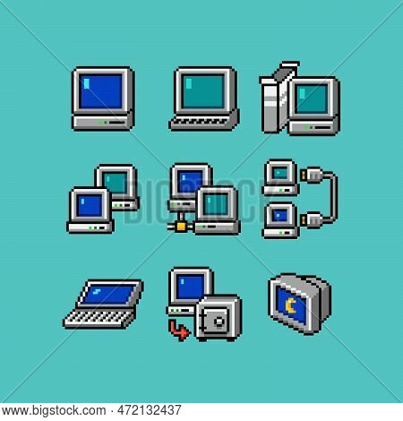 Retro Computer Interface Elements Set. Old Pc Ui Icon Assets For Computer. Display, Network, Windows