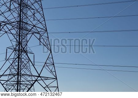 Overhead Power Line Structures And Electrical Cable Wires Sihouette.