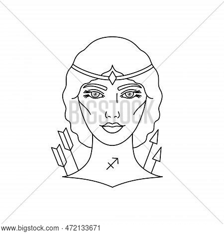 Saggitarius Zodiac Sign In Line Art Style On White Background.