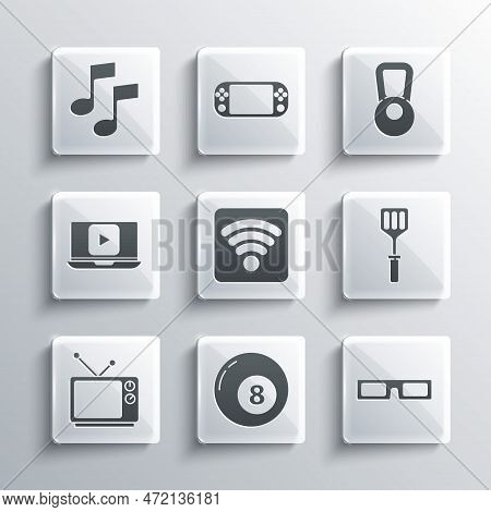 Set Billiard Pool Snooker Ball, Cinema Glasses, Spatula, Wi-fi Wireless Internet Network, Retro Tv, 
