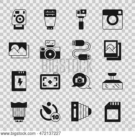Set Sd Card, Softbox Light, Photo Frame, Action Camera, With Flash, And Usb Cable Cord Icon. Vector