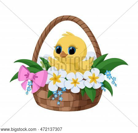 Cute Easter Chick Sits In A Basket Of Flowers. Vector Cartoon Easter Illustration For Cards, Banners