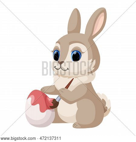 Cute Easter Bunny Painting Easter Egg. Vector Cartoon Illustration Of A Rabbit For Easter Cards, Pos