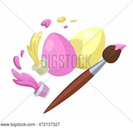 Cartoon Easter Eggs And A Brush. Easter Eggs Painting, Holiday Preparation Vector Illustration. Isol