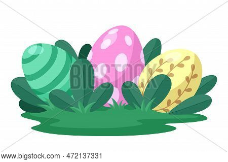 Three Easter Eggs Lie In The Grass On The Lawn. Cartoon Element For Egg Hunting And Other Easter Des