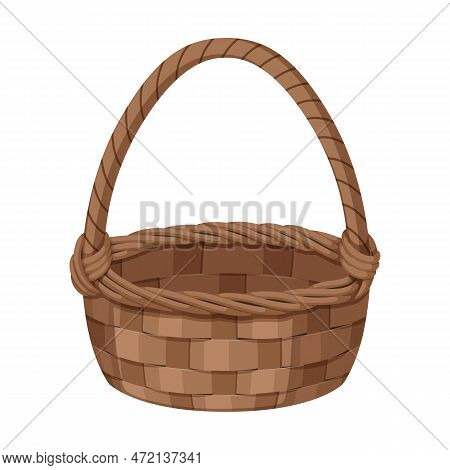 Empty Picnic Basket For Food. . Vector Cartoon Hand Drawn Wicker Basket. Isolated On White Backgroun