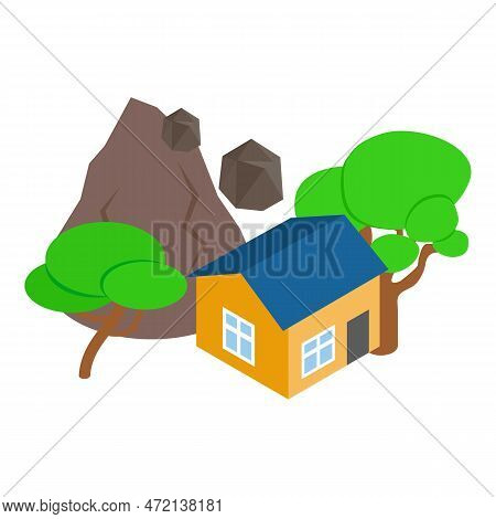 Landslide Icon Isometric Vector. Stone Falling From Mountain On Residential Home. Landslip, Rockfall