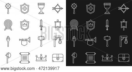 Set Line Antique Treasure Chest, Gallows, Medieval Flag, Goblet, Shield With Crown, Target Arrow, Ch