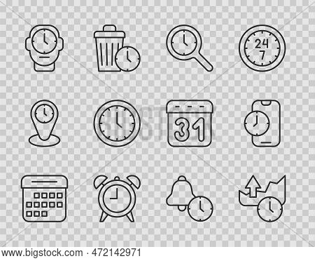 Set Line Calendar, Stocks Market Growth Graphs, Magnifying Glass With Clock, Alarm, Clock, And App M