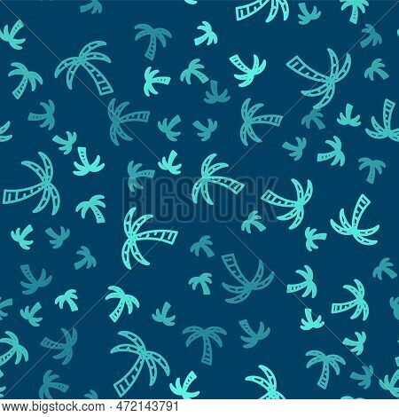Green Line Tropical Palm Tree Icon Isolated Seamless Pattern On Blue Background. Coconut Palm Tree. 