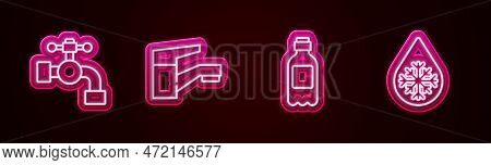 Set Line Water Tap, , Bottle Of Water And Defrosting. Glowing Neon Icon. Vector