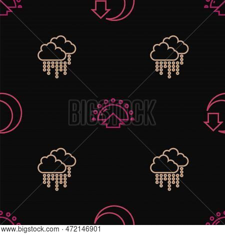 Set Line Moon, Cloud With Rain And Sunrise On Seamless Pattern. Vector