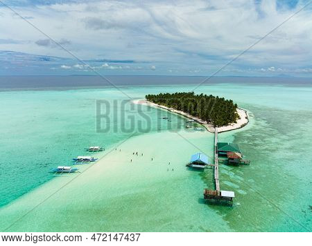 Aerial View Of Tropical Island On An Atoll With A Beautiful Beach. Onok Island, Balabac, Philippines