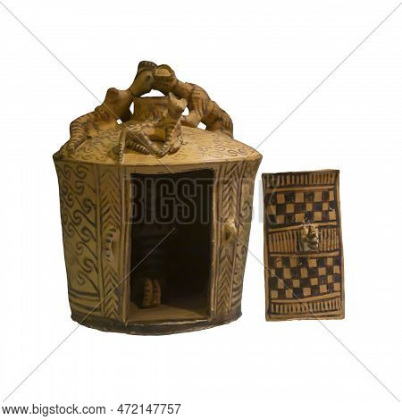 A Circular Shrine-model Containing The Figurine Of A Goddess Of The Type With Upraised Arms. Two Pro