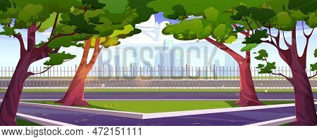 Summer City Park Landscape Background. Cartoon Vector Skyline Scene With Road. Ctyscape Urban Illust