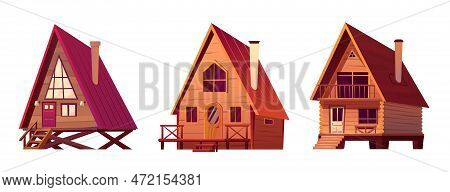Cartoon Wooden Forest Hut. Small Cabin Vector Set. Bungalow Building Collection With Roof, Door And 