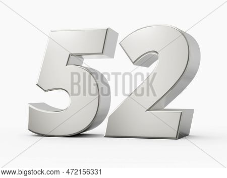 Silver 3d Numbers 52 Fifty Two. Isolated White Background 3d Illustration