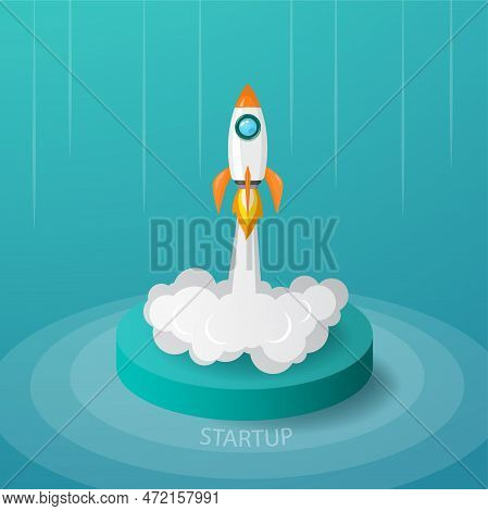 Space Rocket Launch From Stage To The Sky In Startup Concept Of Business Or Project.