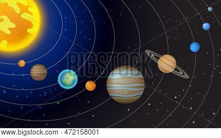 Our Solar System, Light Starts, Asteroid Belt And Universe On Dark Background. Vector Illustration