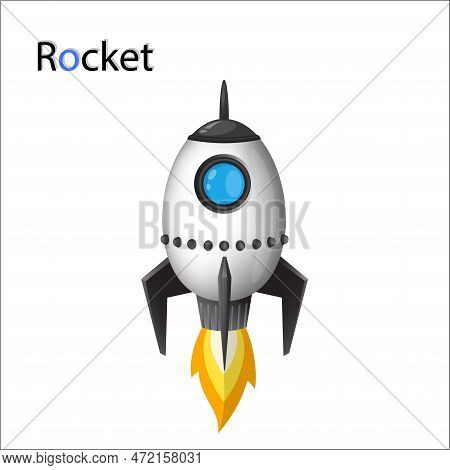 Space Rocket Launch Model Icon And Flame. Robot