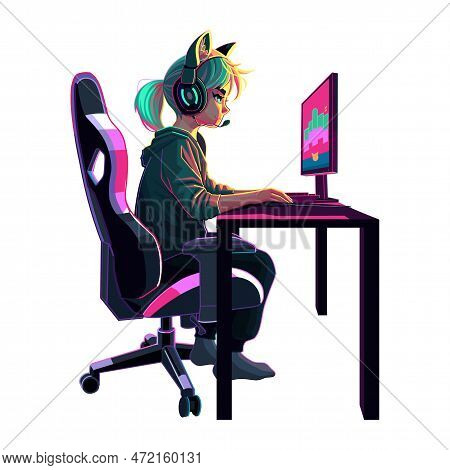 Girl Gamer Or Streamer With A Headset Sits In Front Of A Computer