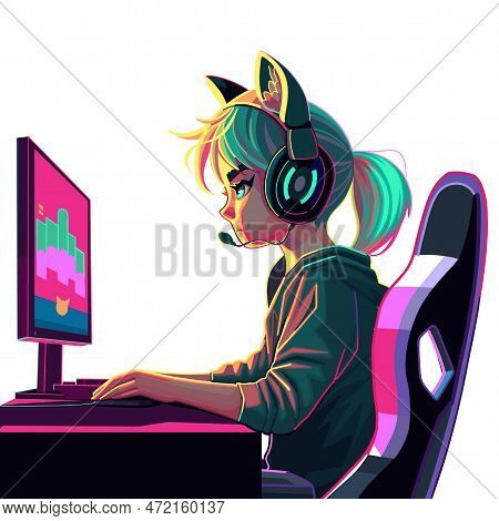 Girl Gamer Or Streamer With A Headset Sits In Front Of A Computer