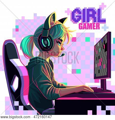 Girl Gamer Or Streamer With A Headset Sits In Front Of A Computer