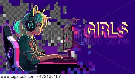 Girl Programmer With A Headset Sits In Front Of A Computer