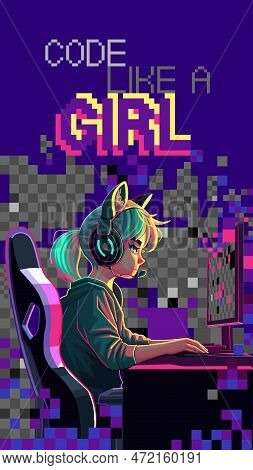 Girl Programmer With A Headset Sits In Front Of A Computer