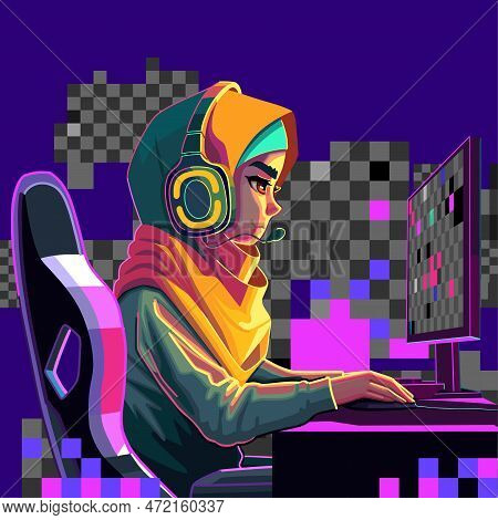 Girl Gamer Or Streamer With A Headset Sits In Front Of A Computer