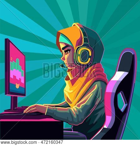 Girl Gamer Or Streamer With A Headset Sits In Front Of A Computer