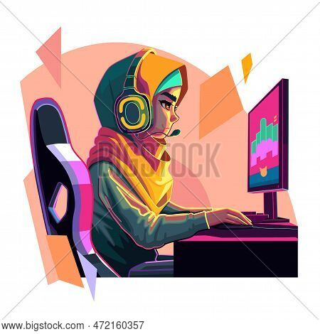 Girl Gamer Or Streamer With A Headset Sits In Front Of A Computer