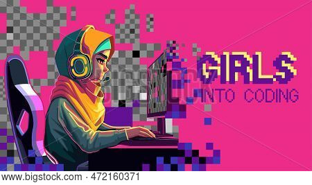 Girl Programmer With A Headset Sits In Front Of A Computer