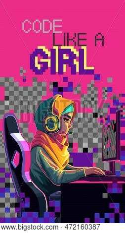 Girl Programmer With A Headset Sits In Front Of A Computer