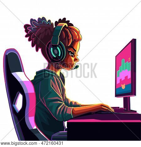 African Girl Gamer Or Streamer With A Headset Sits In Front Of A Computer