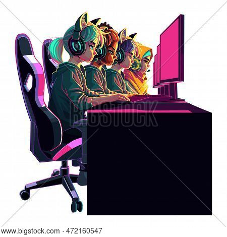 Team Of Diverse Girls Gamers Or Programmers Sitting In Front Of A Computers In A Headsets.