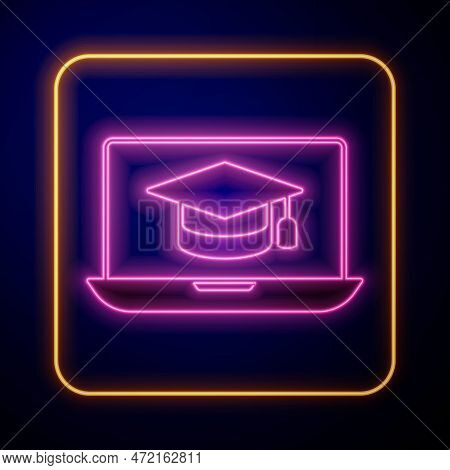 Glowing Neon Graduation Cap On Screen Laptop Icon Isolated On Black Background. Online Learning Or E