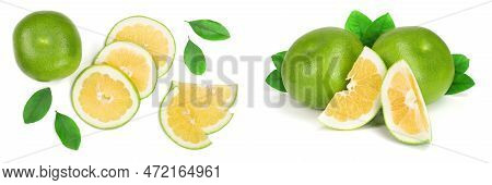 Citrus Sweetie Or Pomelit, Oroblanco With Slices And Leaf Isolated On White Background Close-up. Top