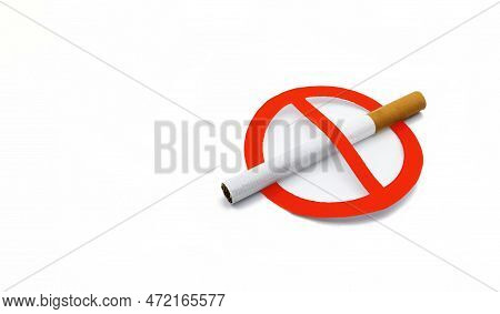 A Cigarette Without A Trademark Next To A Red Forbidden Sign On White Background, Concept Of No Smok