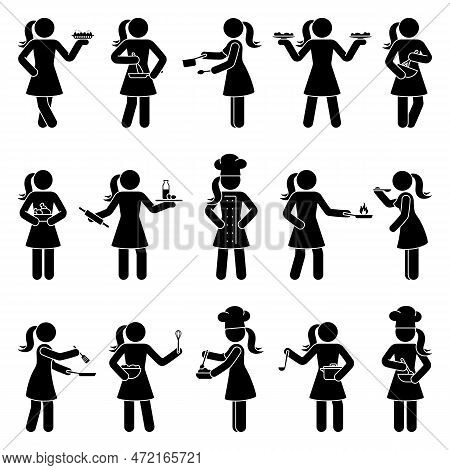 Stick Figure Woman, Person, Human With Kitchen Utensils Vector Set. Female Lady Cooking, Baking, Fry